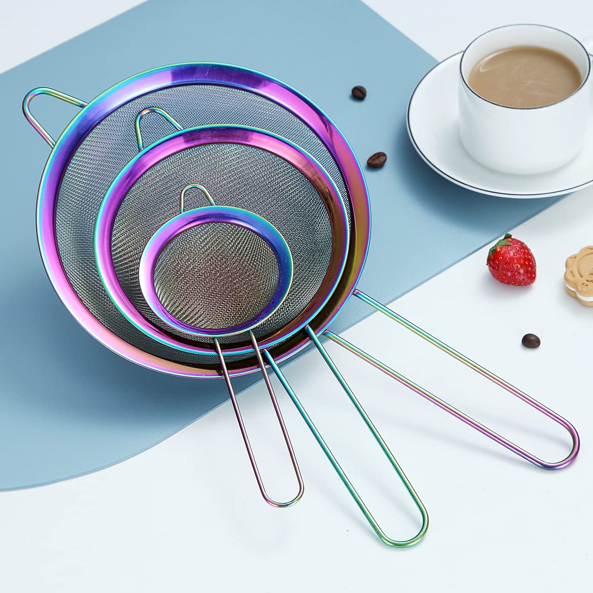 Kyraton Rainbow Fine Mesh Strainer 3 Pieces Set, Copper Flour Sifter For Baking, Stainless Steel Clander, Matcha Tea Strainer, G